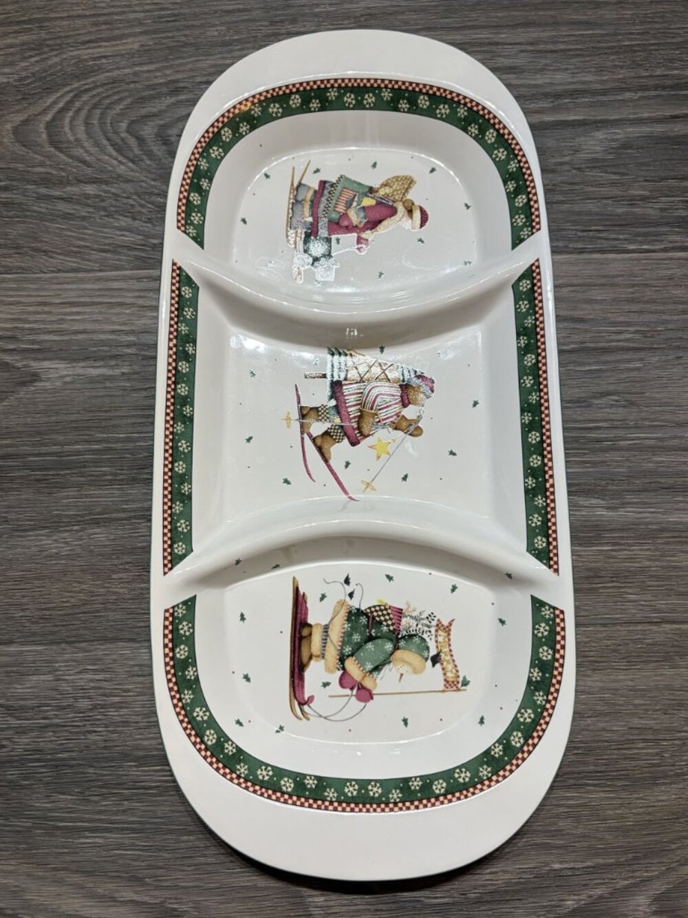 Sakura Debbie Mumm Sledding Snowman Bear 3 Part Relish Dish Christmas Platter - Picture 3 of 14